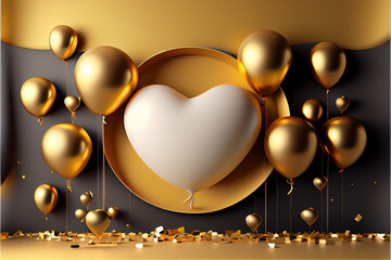Elegant golden heart and balloons with festive confetti, perfect for a romantic birthday or anniversary celebration background.  generative ai