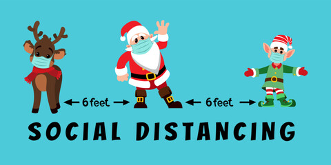 Christmas Santa Claus in covid mask. Corona social distance banner. Winter holiday characters. Elf and reindeer. Celebration safety. Coronavirus prevention. Vector cartoon illustration