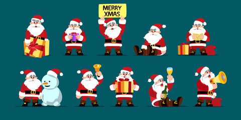 Santa Claus set, Noel character in different poses, happy Christmas. Man sing and jump, hold gift and golden bell. Merry Xmas or new year funny and sad mascot. Vector cartoon flat set