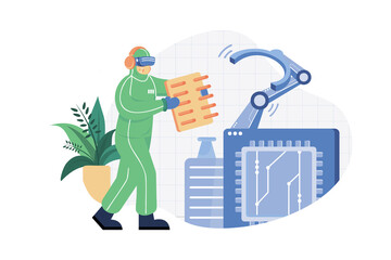 Asian male technician in sterile coveralls is wearing virtual reality headsets at the semiconductor manufacturing plant