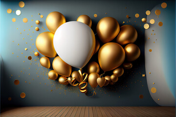 Happy Birthday party card full with golden balloons with rainbow colors , use it as  greeting card or setup room with negative space for texting  generative ai  