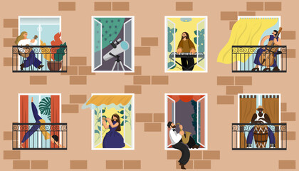 House balcony. Family in windows. People social distancing. Neighbors play music in apartments. Coronavirus city quarantine. Home yoga workout. Vector current neighborhood illustration