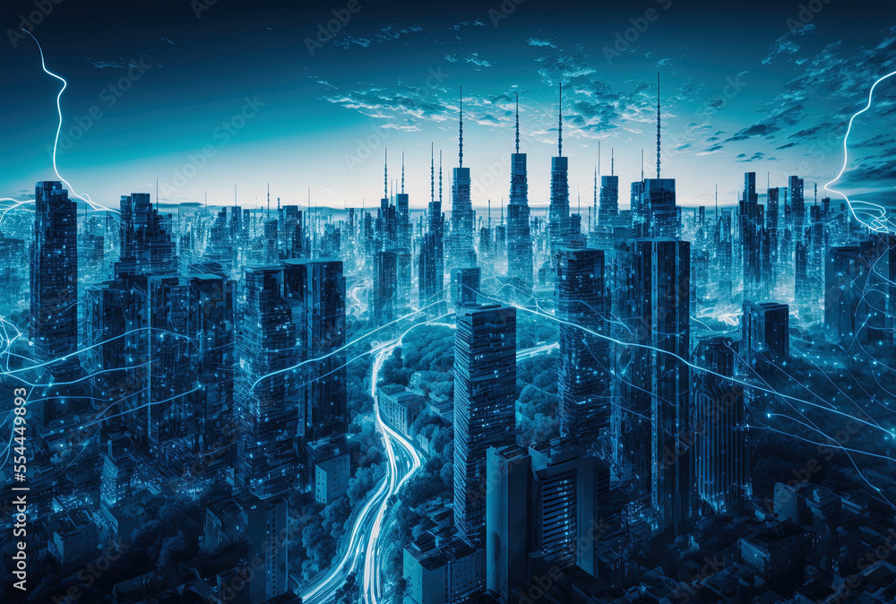 Poster internet of things idea with blue high tech tone of cityscape linked line. generative ai