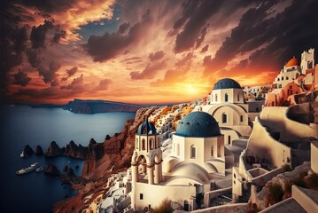 Dramatic sky and beautiful sunset above the churches of Oia town on the Greek island of Santorini. Generative AI - obrazy, fototapety, plakaty