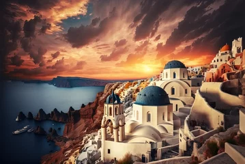 Foto op Canvas Dramatic sky and beautiful sunset above the churches of Oia town on the Greek island of Santorini. Generative AI © LukaszDesign