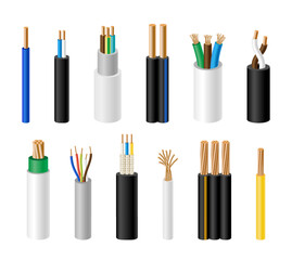 Electric short wires. Circuit cable with rubber insulation. Industrial metal conductor fiber. Technology power connection. Energy communication. Electrical supply. Vector flat utter set
