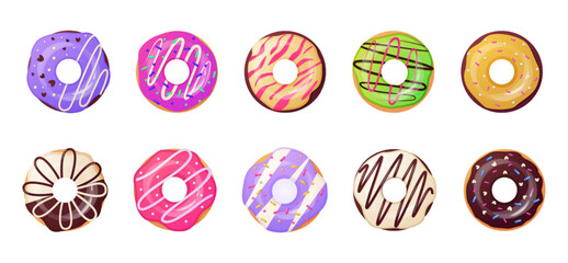 Donuts set. Round confectionery, chocolate vanilla and fruit donut top view. Colorful pastry, doughnut decorating, cake with topping, cute food, sweet dessert. Vecto recent illustration