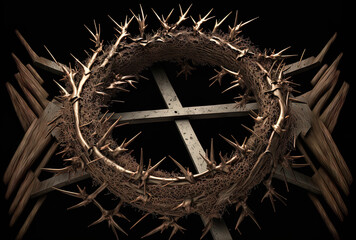 a representation of Jesus Christ's crown of thorns with a nail on the holy cross. Generative AI