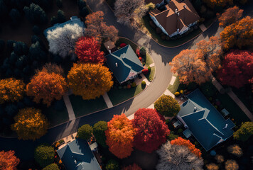Numerous properties on the market in Austin and the larger neighboring Central Texas Area, including thousands of houses and roofs. aerial perspective Fall hues and changing foliage. Generative AI
