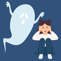 Fear of darkness concept. Child is afraid of ghost. Upset girl  next to monster, ghost in dark. Nightmare, fear of dark, phobia. Vector illustration