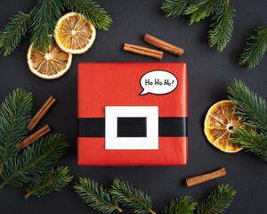 Red Santa gift box with black belt and speech bubble ho-ho-ho with fir, cinnamon and orange. Space for your text