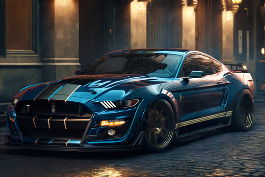 blue ford mustang with racing stickers in a empty street, sports car,fictional car made with generative ai © overrust