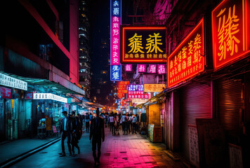 On June 19, 2015, in Hong Kong, neon lights lined Tsim Sha Tsui Street. Hong Kong's Tsim Sha Tsui street is a well known destination for shopping. Generative AI - obrazy, fototapety, plakaty