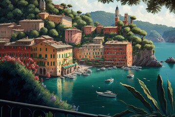 Lovely panorama of Portofino, Liguria, Italy Generative AI - obrazy, fototapety, plakaty