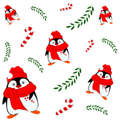 Vector Christmas seamless pattern with a cute cartoon penguin in a hat for design and print
