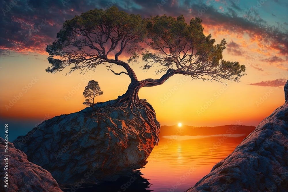 Poster amazing tree on the cliff at sundown generative ai