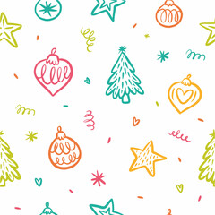 A pattern with Christmas decorations and a Christmas tree hand-drawn in the style of a doodle