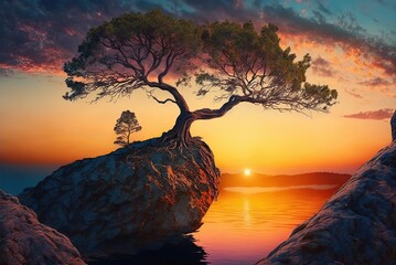 amazing tree on the cliff at sundown Generative AI - obrazy, fototapety, plakaty