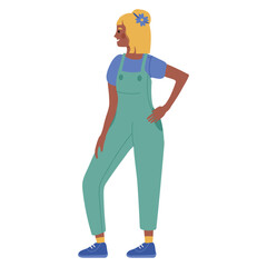 A dark-skinned girl, a woman in a denim suit and T-shirt, with blond hair, stands holding one hand on her belt. Vector illustration