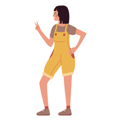 A light-skinned girl, a woman in a denim suit, shorts and a T-shirt, with dark hair, stands holding one hand on her belt, the other one raised, showing two fingers. Vector illustration