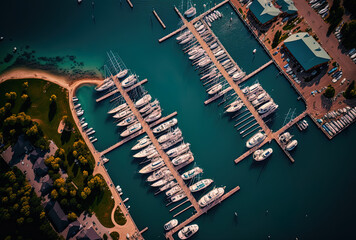 Aerial picture of the docked yachts in the Traverse City Marina in Michigan. Generative AI