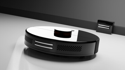 Robot Vacuum Cleaner In on white parking to charging station. 3d rendered illustration