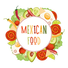 vector hand-drawn illustration of Mexican cuisine. Menu template design bright colorful chili pepper avacado salad