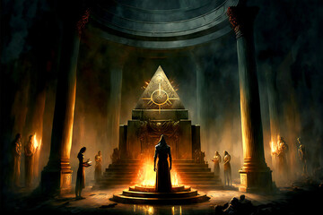 Sacred place, ritual, summoning, spell, priest, magic, fantasy world, game, background, digital illustration, AI generated