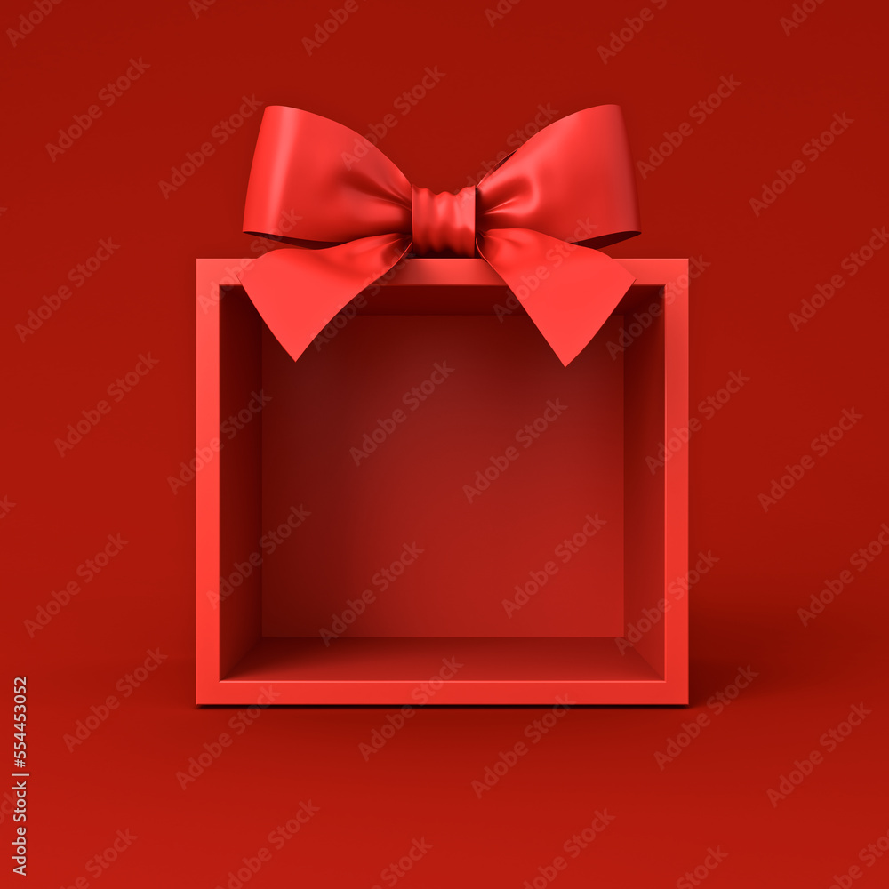 Poster all red gift box concepts blank opening gift box product display showcase isolated on dark red backg