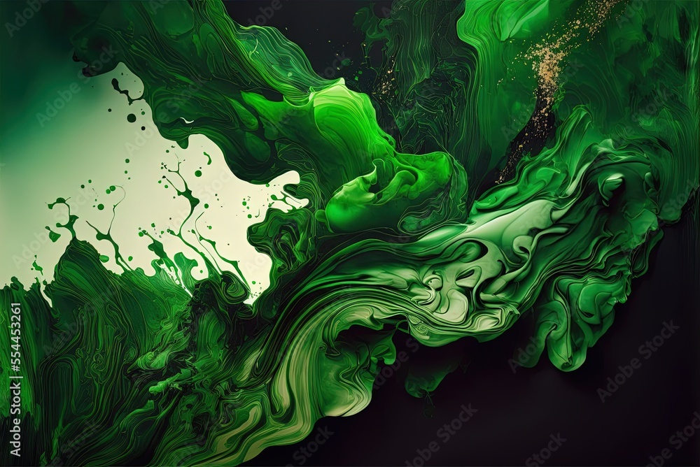 Poster green abstract paint swells in a wave pattern over the backdrop. a range of hues created by alcohol 
