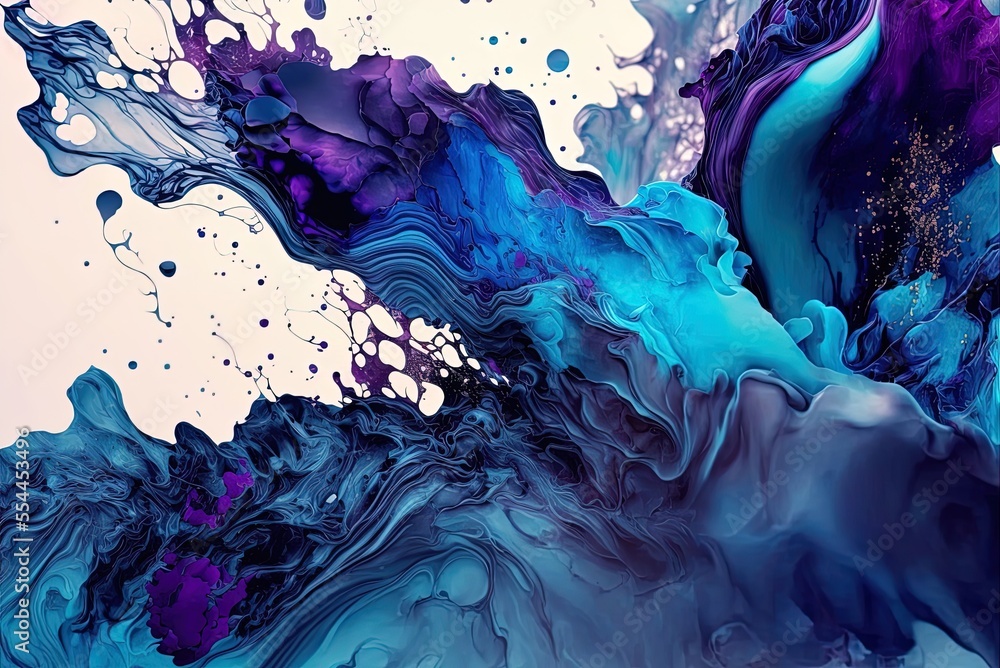 Poster background is blotted with a wave of blue and violet abstract paint. a range of hues created by alco