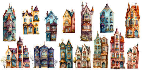 Watercolor set of cute cartoon townhouses isolated on white, vintage europian houses