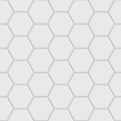 White glossy ceramic hexagon tiles seamless pattern. Modern home interior, bathroom and kitchen wall texture. Vector gray shiny hexagonal mosaic wall background.