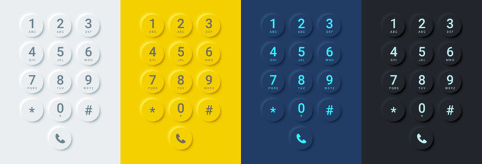 Realistic smartphone dial screen buttons color set. Vector keypad with numbers and letters for phone, screen UI design. Touchscreen device keypad interface in white, yellow, blue and black colors. © Ketmut