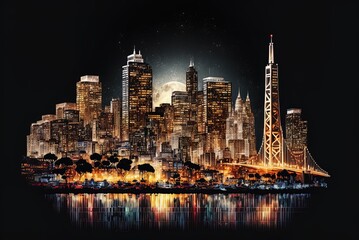 San Francisco, California (USA) cityscape at night, isolated on white Generative AI - obrazy, fototapety, plakaty