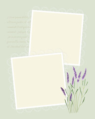 Vintage collage template for photo book, reminders, social media, notes, to do list. Scrapbooking, lavender watercolor, lace.