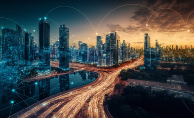 Obraz na płótnie Canvas technological cityscape background. Communication concept. Generated AI
