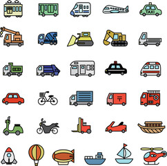 線画カラー乗り物アイコンセット