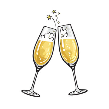 Sketch of two sparkling glasses of champagne Hand drawn vector illustration.