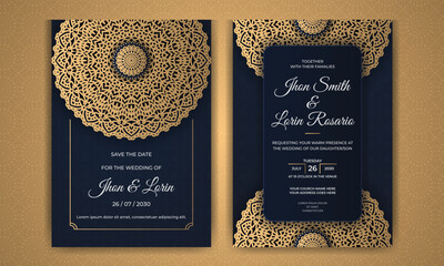 Blue wedding invitation card design with golden mandala and decorative pattern