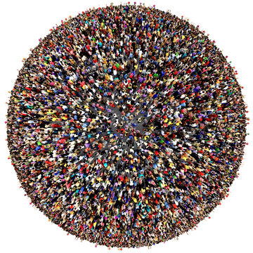 Crowd of people gathered together on the surface of a planet, top view, world population growth concept, isolated on transparent background	
