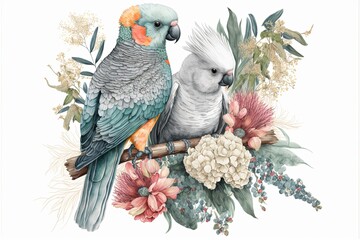 Generative ai illustration. Tropical seamless pattern with parrots and hibiscus. Birds, flowers and jungle palm leaves. Floral illustration isolated on white background for design.