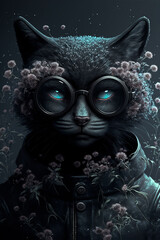 Obraz premium Cute black cat in futuristic 3d glasses.Portrait of a cat in the night light with flowers. Steampunk cat with glasses.Drawing cyberpunk painting.Digital designer art.Abstract surreal illustration.