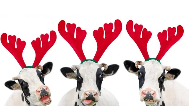 Video slide show animation of three christmas funny cow isolated on white background. Portrait of three Cows in Christmas Reindeer Antlers Headband making funny movements