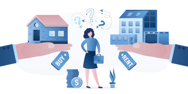 Investment And Lifestyle Choice, Confused Woman Making Decision To Buy Or Rent Property. Making Decision For Owning Property And Real Estate, House Rent Or Buy, Long Term Payments Or Mortgage.