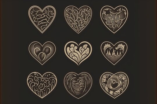 Heart generative ai illustration. Love icon of white hearts scribble. Cartoon doodle design isolated on black background. Thin stripes. Elements for Valentines.