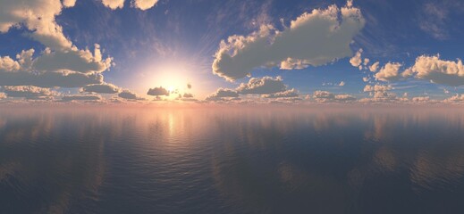 Sea sunset, ocean sunrise, sun over water surface, 3d rendering