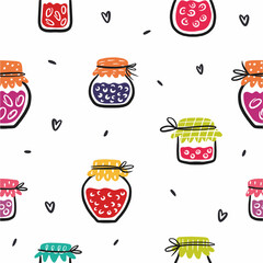 A pattern with jam jars and preservation hand-drawn in the style of a doodle