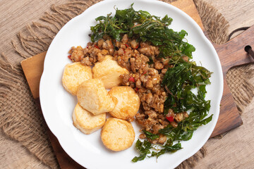 Stir Fried Egg Tofu with Pork Basil