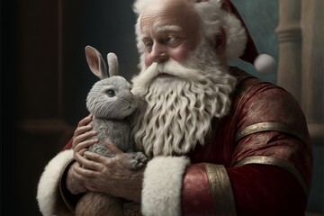 Weihnachtsmann Santa Claus Gesicht mit Osterhase Nahaufnahme, Ai generativ